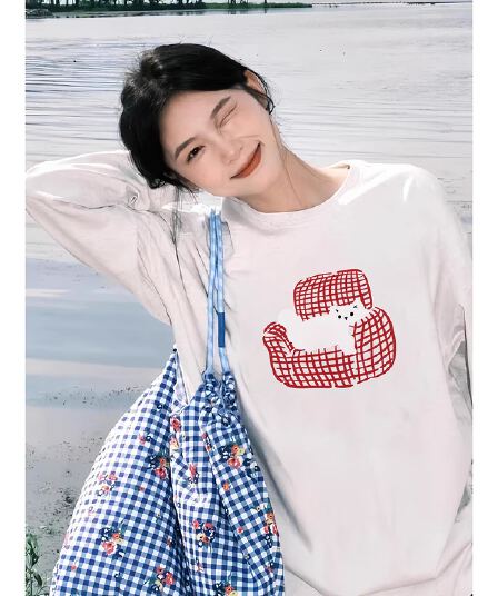 21 순면 210 그램 가을 의상 긴팔 티셔츠 여성 루즈핏 맨위 프린트