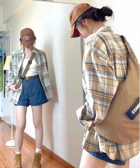 원본 포함 면 체크무늬 아메리칸 레트로 배색 격자 무늬 셔츠 이른 가을 루즈핏 긴팔 맨위