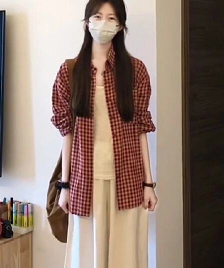 빨간색 체크무늬 외부 가져 가라. 자외선 차단 루즈핏 긴팔 셔츠 셔츠 여성 2026 새로운 프랑스식 사소한 맨위