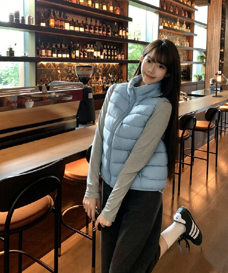 실사 2026 스탠드 칼라 쇼트 스타일 아래 면화 의류 베스트 디자인 센스 루즈핏 슬림해 보이는 작은 키 민소매 재킷