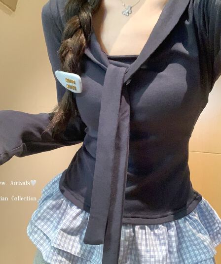 부서 페이크 레이어드 숄 레이스업 V넥 긴팔 티셔츠 여성 가을 겨울 프릴 몸매 가꾸기 기본 셔츠 인사이드 잡아라. 의류