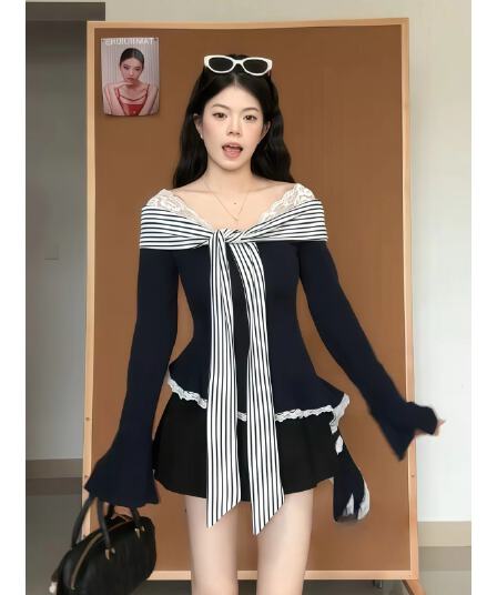 순수한 욕망 바람 레이스 조각 스트랩 니트 맨위 여성 가을 겨울철 긴팔 슬림해 보이는 다용도 기본 셔츠