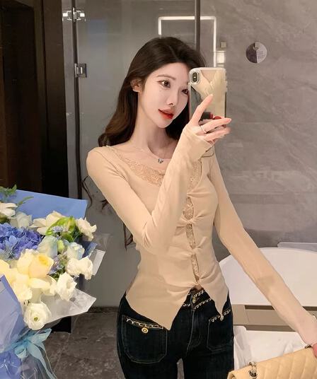 긴팔 티셔츠 여성 가을 겨울 새로운 스트랩 작은 셔츠 작은 대중 몸매 가꾸기 체크무늬 맨위