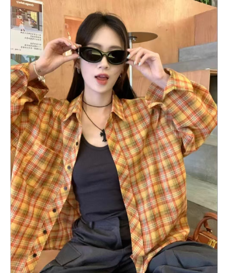 아름다움 라드. 레트로 체크무늬 배색 긴팔 여성 셔츠 봄 가을 루즈핏 외출용 디자인 센스 작은 대중 조수 브랜드 재킷
