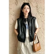 批发2026年<b class='q'>春</b>秋黑色皮质马甲女圆领无袖拉链宽松背心