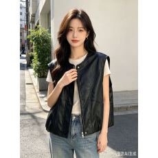 批发档口上新 2026年<b class='q'>春</b>秋黑色皮质马甲女圆领无袖拉链宽松背心
