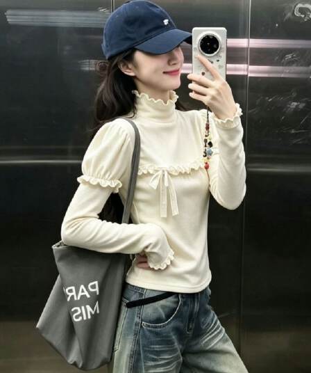 광저우 리브 De 플러시 270 그램 1 1 터틀넥 프릴 긴팔 티셔츠 나비 매듭 맨위