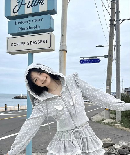 소녀 코코넛 빛 아시아 인 부서 도트 무늬 토끼 토끼 가을 세트 여성 회색 도트 무늬 재킷 회색 케이크 드레스