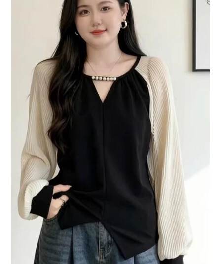 2026 봄과 가을 패션 V넥 긴팔 티셔츠 맨위 고유 한 작은 대중 디자인 센스 비즈 박기 셔츠