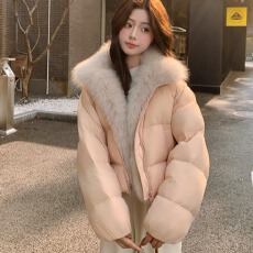 批发学院拼接短款羽绒棉服女仿<b class='q'>狐狸毛</b>领宽松加厚小个子韩版面包服外套