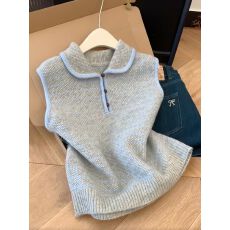 批发羊毛条纹polo领马夹无袖坎肩针织背心女外搭叠穿2026新款上衣