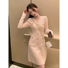 批发小香风名媛气质高级感轻奢提花针织裙<b class='q'>秋</b>季新款粉色淑女收腰连衣裙
