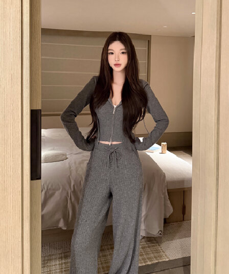후드 허리 수축 니트 오픈 가디건 캐주얼 긴 바지 세트 매운맛 모 바람 가을 새로운 몸매 가꾸기 슬림해 보이는 운동 투피스 세트