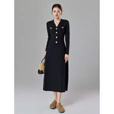 批发法式小香风黑色<b class='q'>V领</b>长袖针织<b class='q'>连衣裙</b>遮肚子显瘦毛衣裙长裙子2025秋