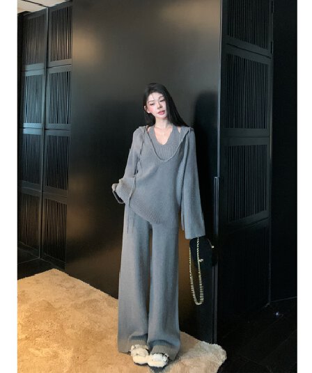 거리 세련된 캐주얼 레트로 세트 가을 겨울 새로운 니트 행침 목 인사이드 가져 가라. V넥 긴팔 긴 바지 세 조각 여성 세트