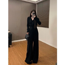 批发复古温柔松弛风套装2026年新款修身穿搭针织开衫阔腿裤两件套