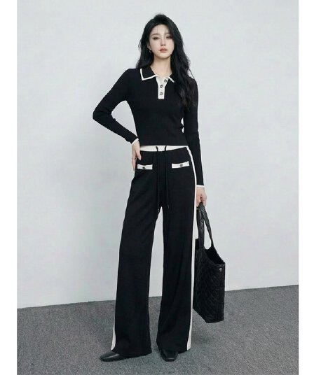 캐주얼 편안함 미니멀리즘 바람 패션 세트 봄 새로운 흑인과 백인 배색 디자인 센스 연령 감소 니트 투피스 세트