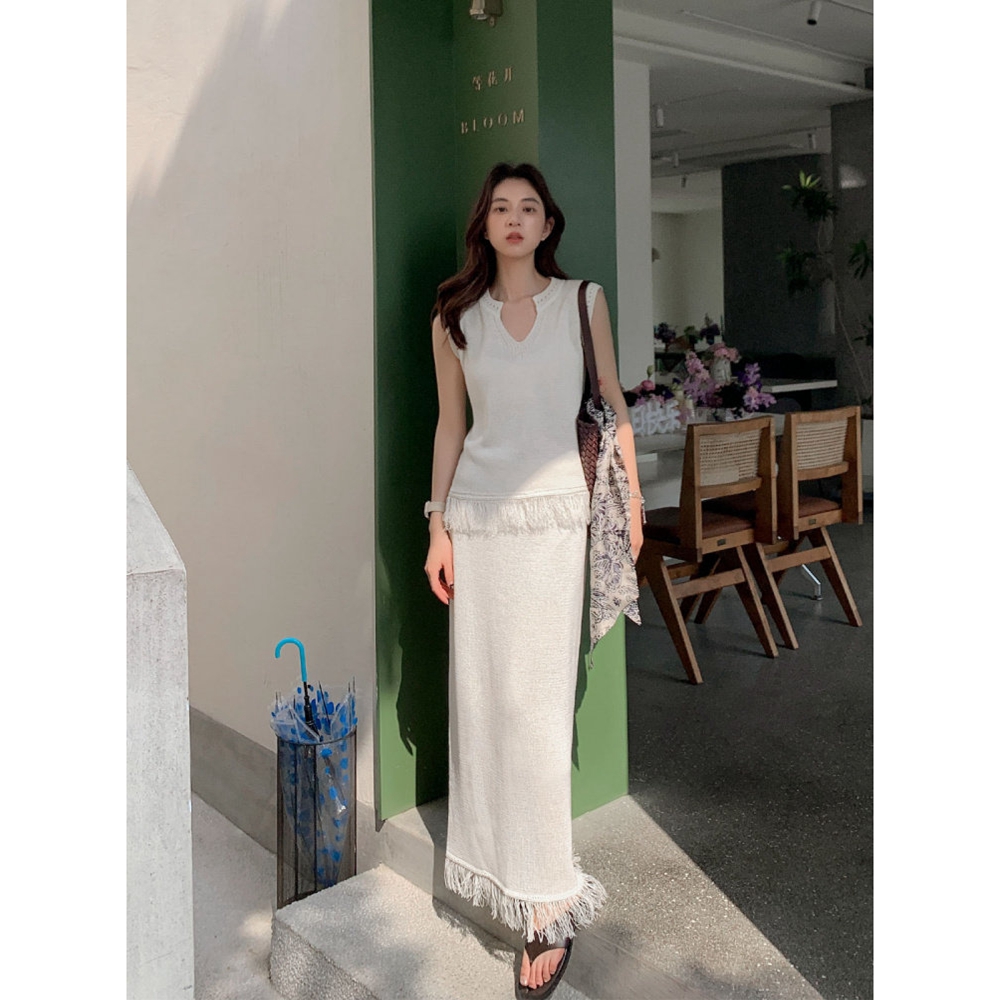 품격 작은 샤넬 스타일 보헤미안 휴가 디자인 센스 술 조끼 세트 여름 새로운 반신 스커트 투피스 세트