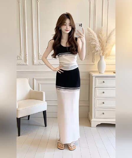 명문 여성 품격 흑백 줄무늬 배색 니트 조끼 세트 여성 26 여름 허리 수축 슬림해 보이는 반신 롱 스커트 투피스 세트