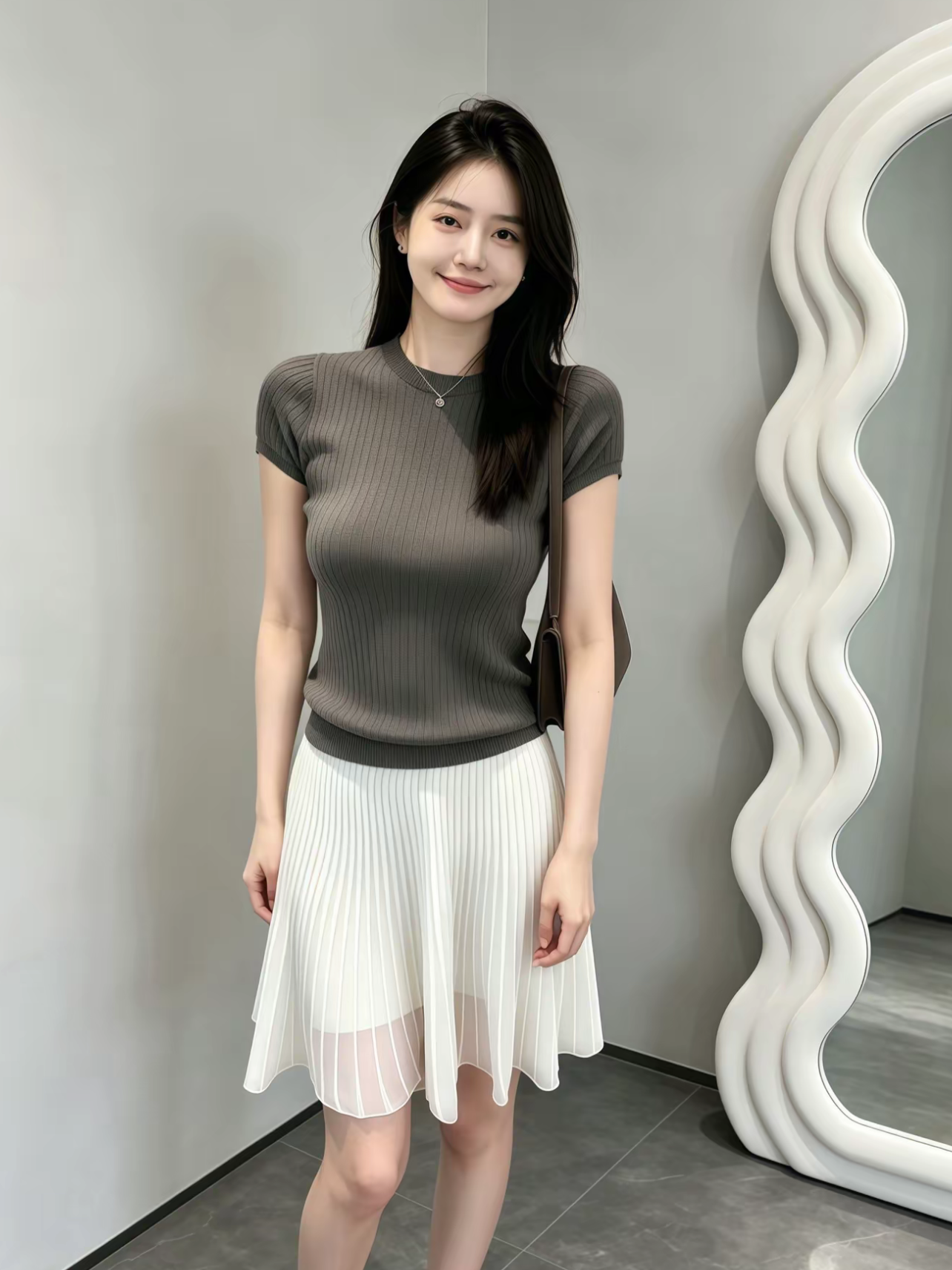 전체 집합 ootd 착용 가져 가라. 여름 새로운 부드러운 품격 라운드 넥 반팔 니트 맨위 슬림해 보이는 반신 스커트 투피스 세트