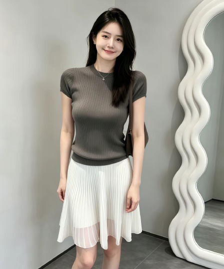 전체 집합 ootd 착용 가져 가라. 여름 새로운 부드러운 품격 라운드 넥 반팔 니트 맨위 슬림해 보이는 반신 스커트 투피스 세트