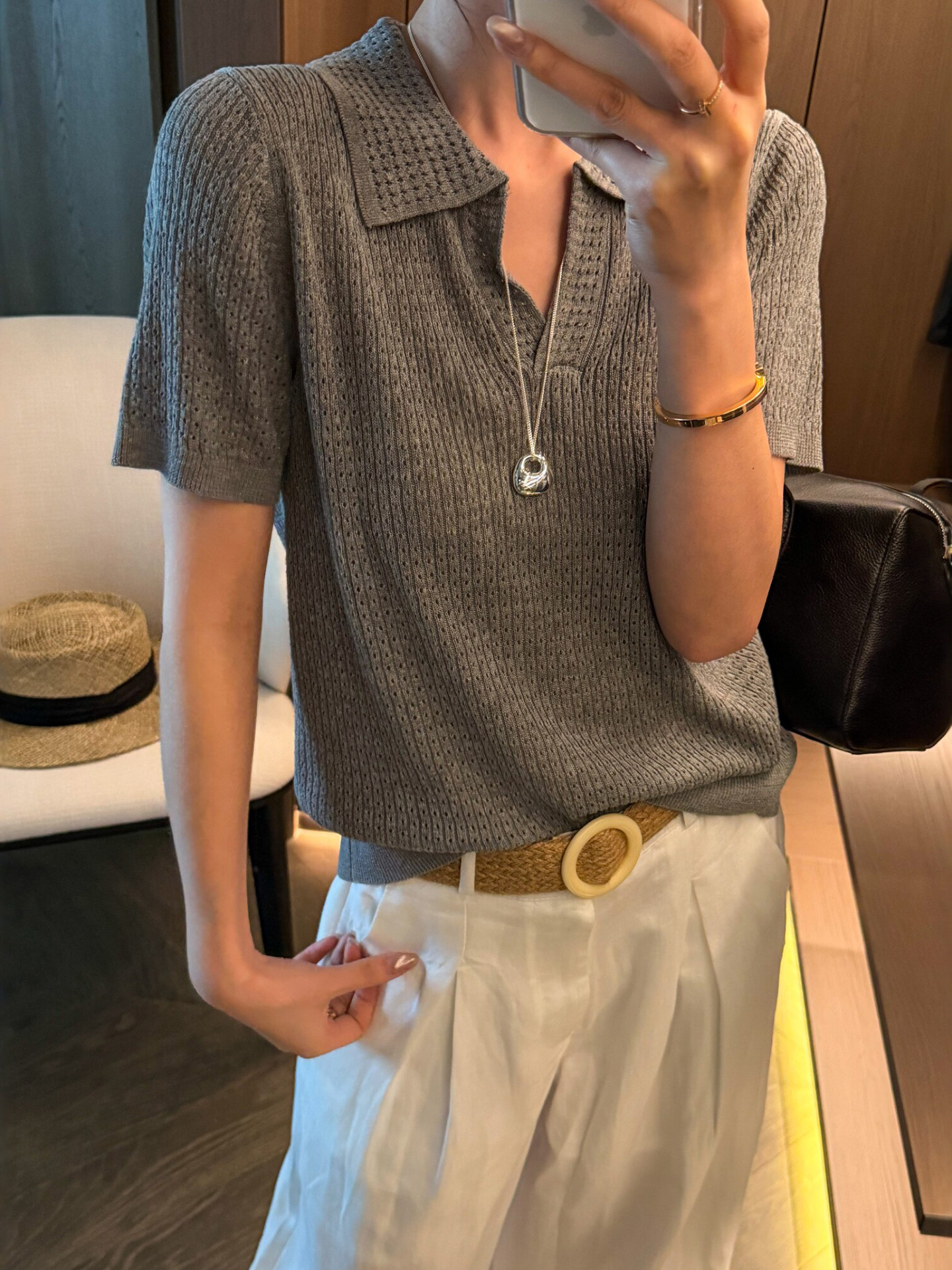 홀로우 아웃 POLO 칼라 니트 반팔 티셔츠 여성 여름 새로운 루즈핏 통기성 V넥 캐주얼 품격 출퇴근 맨위