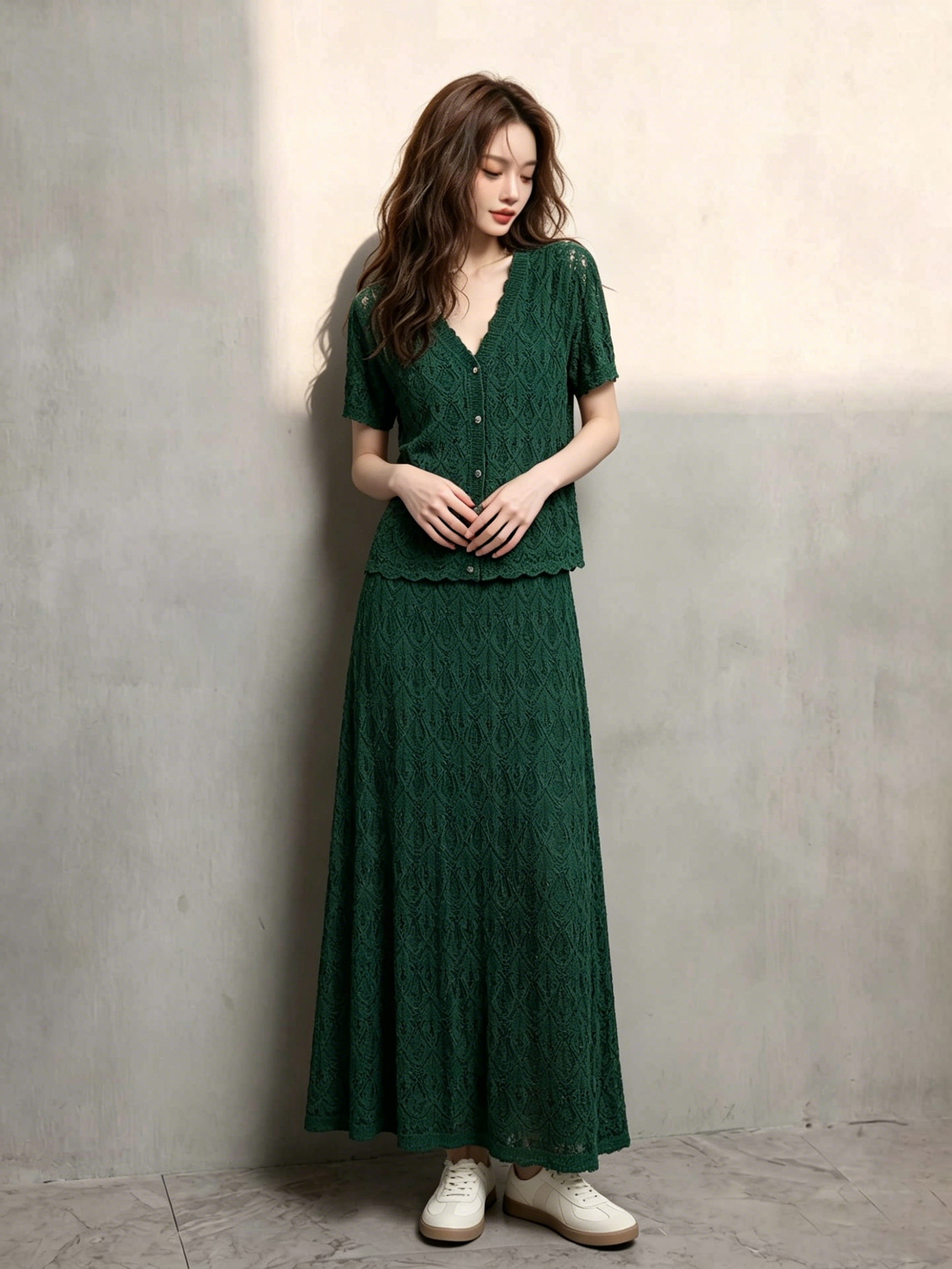 여름 V넥 반팔 홀로우 아웃 니트 오픈 가디건 세트 여성 밴딩 하이웨이스트 도루 센스 레이스 반신 롱 스커트 투피스 세트