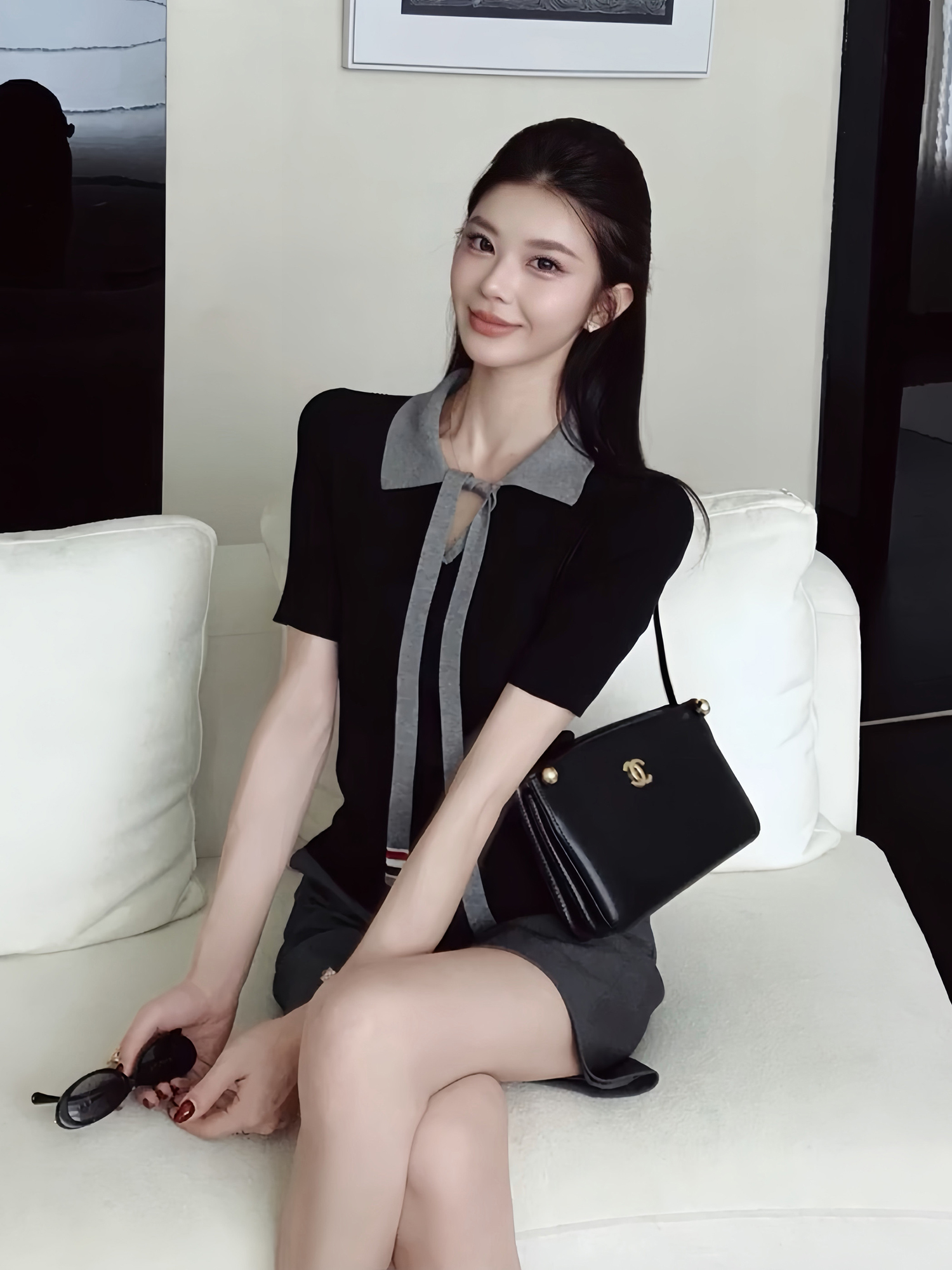 배색 POLO 칼라 리본 반팔 니트 스웨터 여성 여름 몸매 가꾸기 좋은 구덩이 기사 레이스업 패치워크 색상 폴로 칼라 작은 맨위