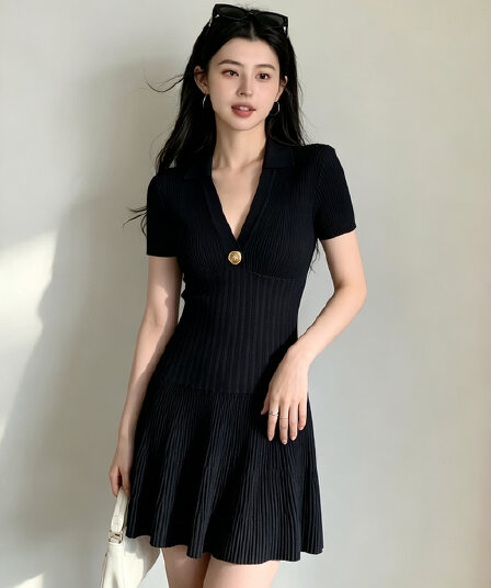 2026 여름 빛 럭셔리 바람 폴로 칼라 V넥 니트 원피스 수직 구덩이 기사 반팔 허리 수축 큰 진자 작은 키 여성 드레스