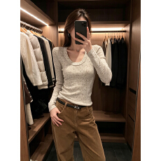 批发2026秋U领<b class='q'>长袖</b>针织打底衫女修身显瘦弹力内搭温柔风简约纯色上衣