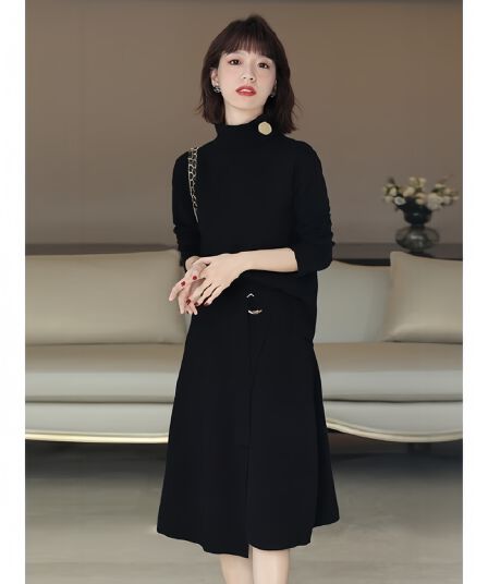 빛 요리 한 바람 레트로 캐주얼 반하이넥 니트 스웨터 세트 가을 새로운 디자인 작은 대중 반신 스커트 두 조각 여성 세트