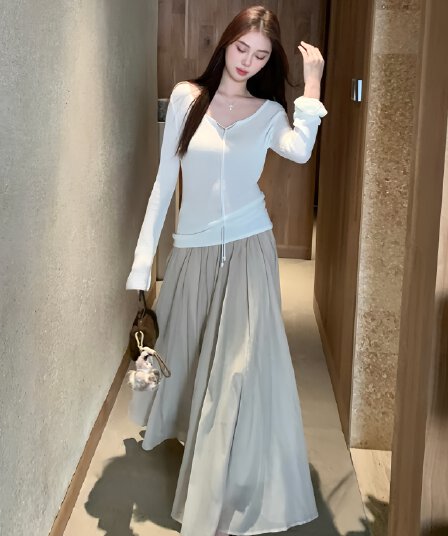 V넥 레이스업 질감 센스 긴팔 맨위 여성 부드러운 나팔 소매 얇은 스타일 통기성 슬림해 보이는 분위기 센스 만나는 작은 셔츠