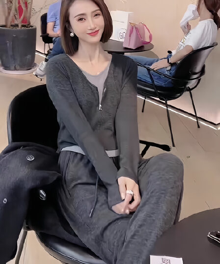 회색 고급 센스 이른 가을 패션 세트 여성 올해 인기 슬림해 보이는 패치워크 맨위 와이드 레그 팬츠 코디 전체 집합