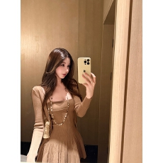 优雅针织开衫吊带百褶连衣裙两件套女修身显瘦温柔风外搭长袖套装