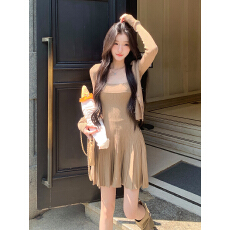 批发长袖针织<b class='q'>开衫</b>吊带百褶连衣裙两件套女修身显瘦日常通勤温柔套装