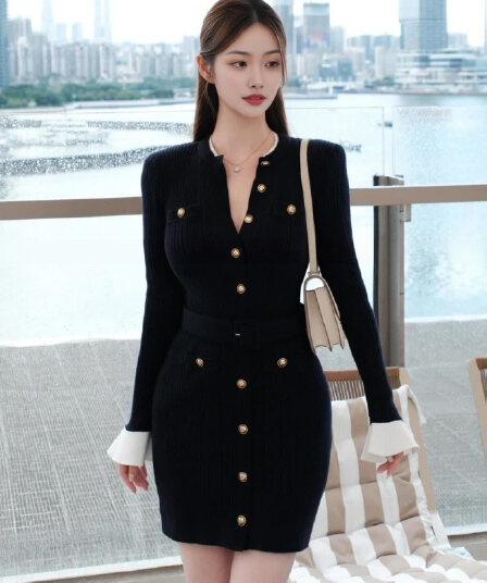 작은 샤넬 스타일 패션 니트 여성 드레스 단일 행 골드 버클 허리 수축 나팔 소매 품격 몸매 가꾸기 타이트 스커트 쇼트 스타일 치마