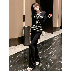 批发小香风针织两件套V领撞色镶边<b class='q'>开衫</b>高腰显瘦阔腿长裤高级通勤套装