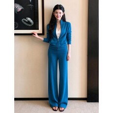 批发慵懒风针织两件套<b class='q'>女</b>立领拉链长袖上衣高腰阔腿长裤日常休闲套<b class='q'>装</b>秋