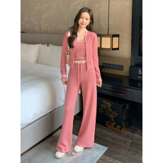 批发简约休闲三件套<b class='q'>女</b>棒球领拉链针织开衫吊带高腰直筒阔腿<b class='q'>长裤</b>套装