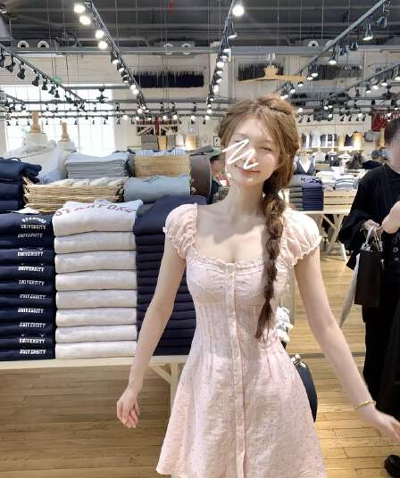 callmeear 화이트 티 첫사랑 레이스 조각 허리 수축 드레스 자카드 프릴 맨위 여름