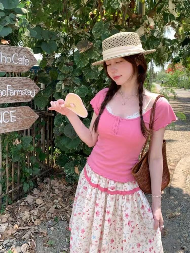 RY6527# 韩系甜美风粉色U领正肩短袖T恤女碎花拼接半身裙夏季温柔减龄...