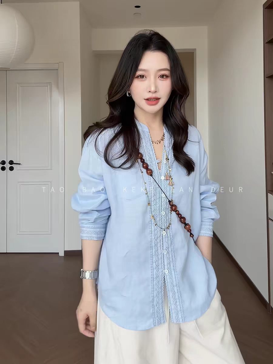 keke 부드러운 단어 프랑스식 여름 라미 여성 셔츠 무거운 작업 V넥 루즈핏 얇은 스타일 통기성 셔츠