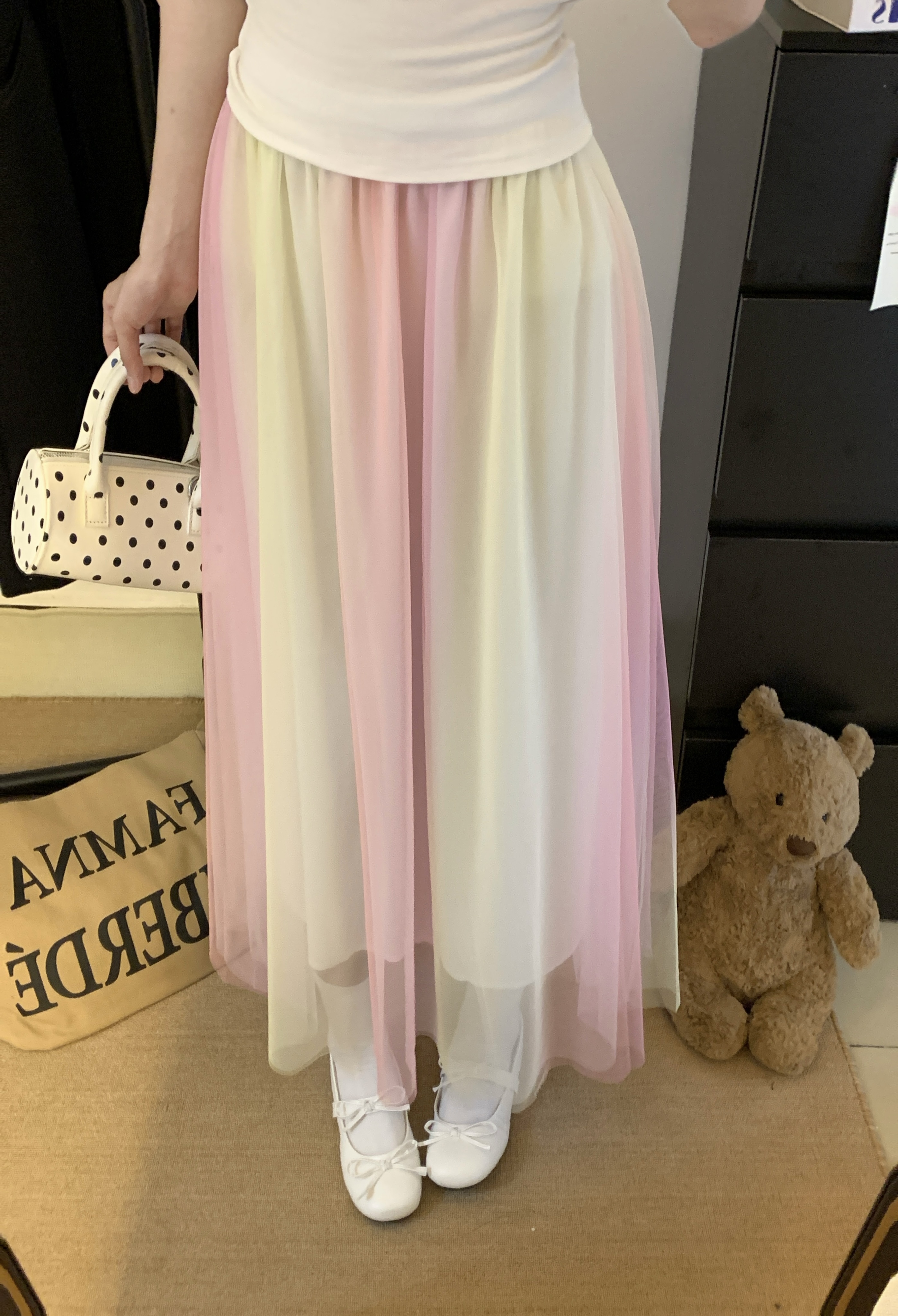 实拍彩虹色网纱半身裙2025夏季流行渐变色仙女长裙垂感撞色度假裙