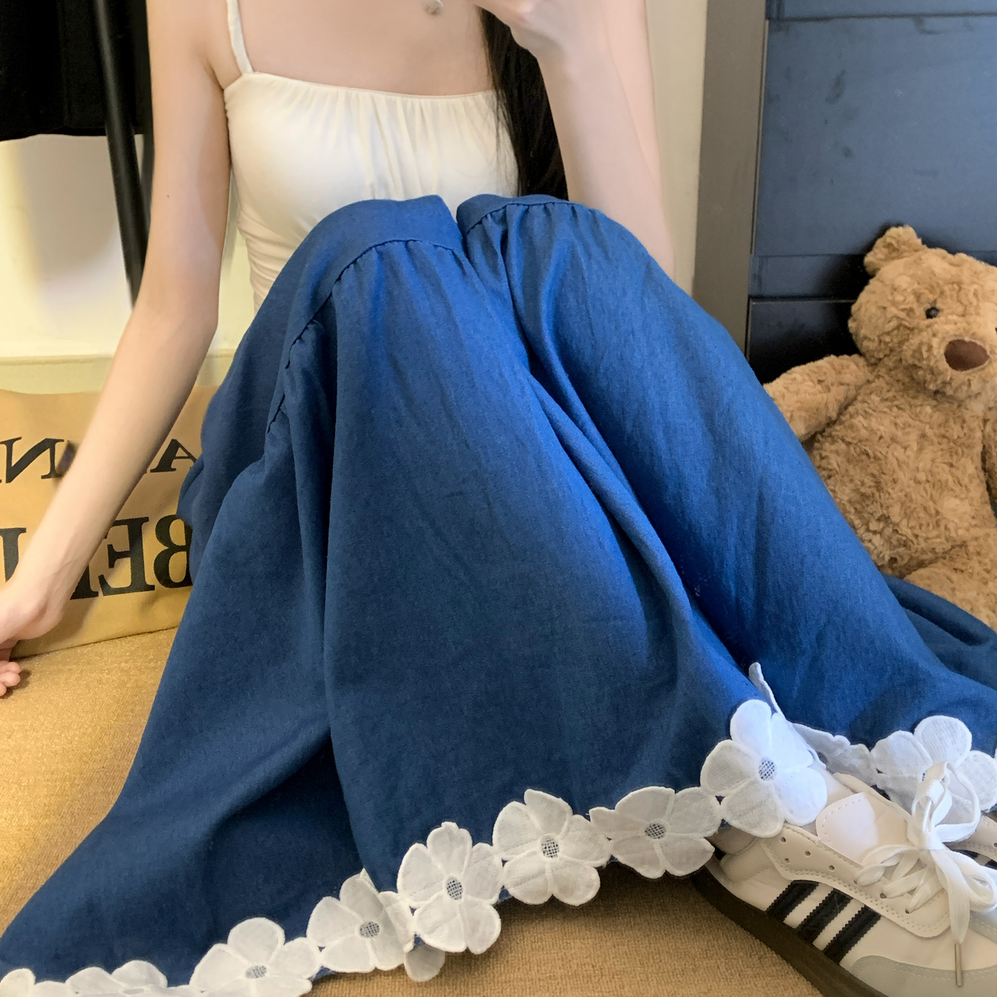 FA33307# 温柔风蕾丝花边拼接牛仔半身裙女高腰A字褶皱宽松蛋糕裙 服裝批發女裝批發服飾貨源