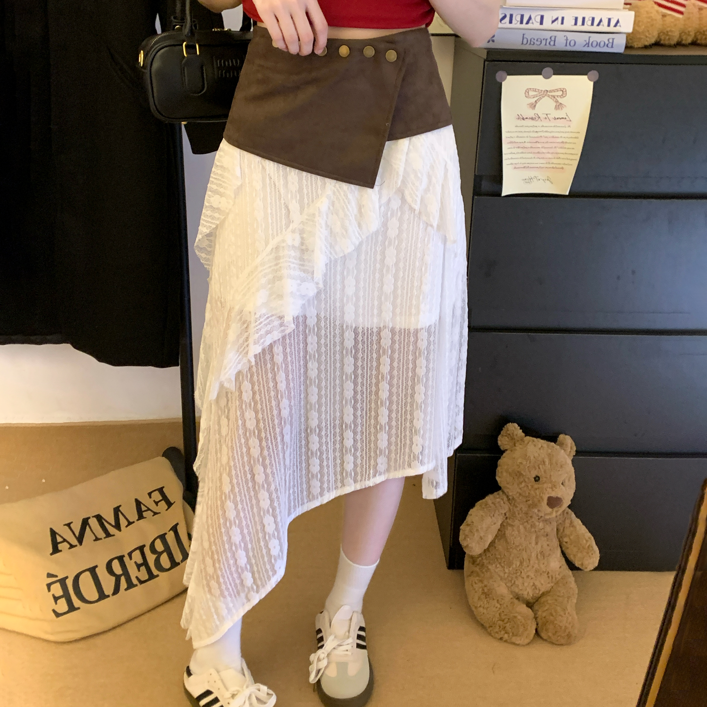 FA33303# 设计感小众不规则裙子百搭腰封蕾丝裙层次感荷叶边半身裙 服裝批發女裝批發服飾貨源