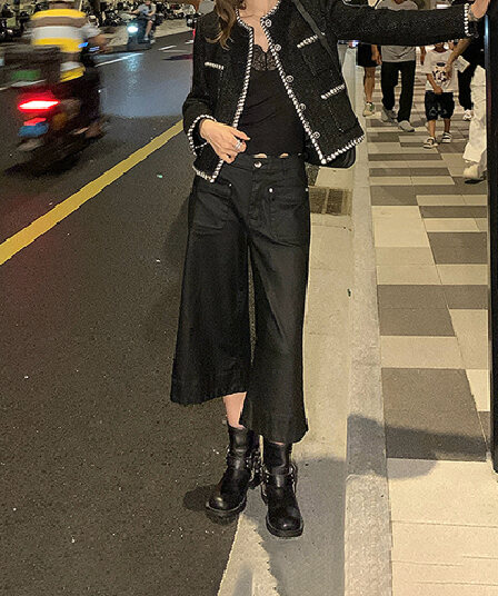 루즈핏 넓은 다리 부츠컷 7 점 청바지 여성 2025 봄 가을 새로운 신축성 냉면 가죽 센스 캐주얼 바지 아이들
