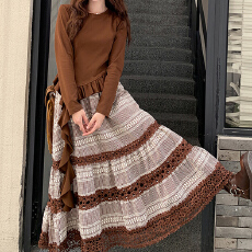 批发实拍 美拉德配色镂空蕾丝拼接格子半身裙2025<b class='q'>秋</b>冬A字宽松蛋糕长裙