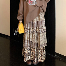 批发实拍复古设计感拼接豹纹格纹高腰<b class='q'>半身裙</b>女冬<b class='q'>新款</b>层次感蛋糕裙长裙