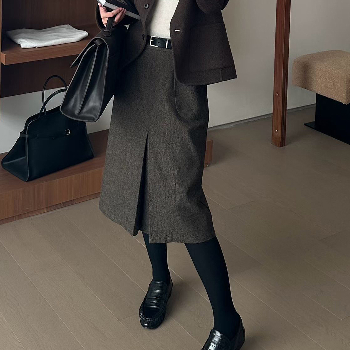 실사 겨울로 행사 센스 세련된 좋은 작은 단어 버전 헤링본 곡물 이전 트임 품격 미니멀리즘 모직 자료 롱 스커트
