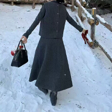 批发实拍 法式复古毛呢三件套2025冬季优雅珠花显瘦千金风打底衫套<b class='q'>装</b>